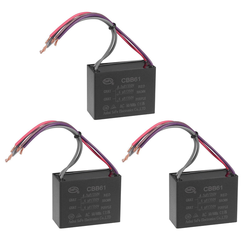 uxcell Ceiling Fan Capacitor CBB61 4.5/6/6uF 350V AC 5 Wires Metallized Polypropylene Film Capacitor 58x44x26mm for Electric Fan Pump Motor Generator 3Pcs