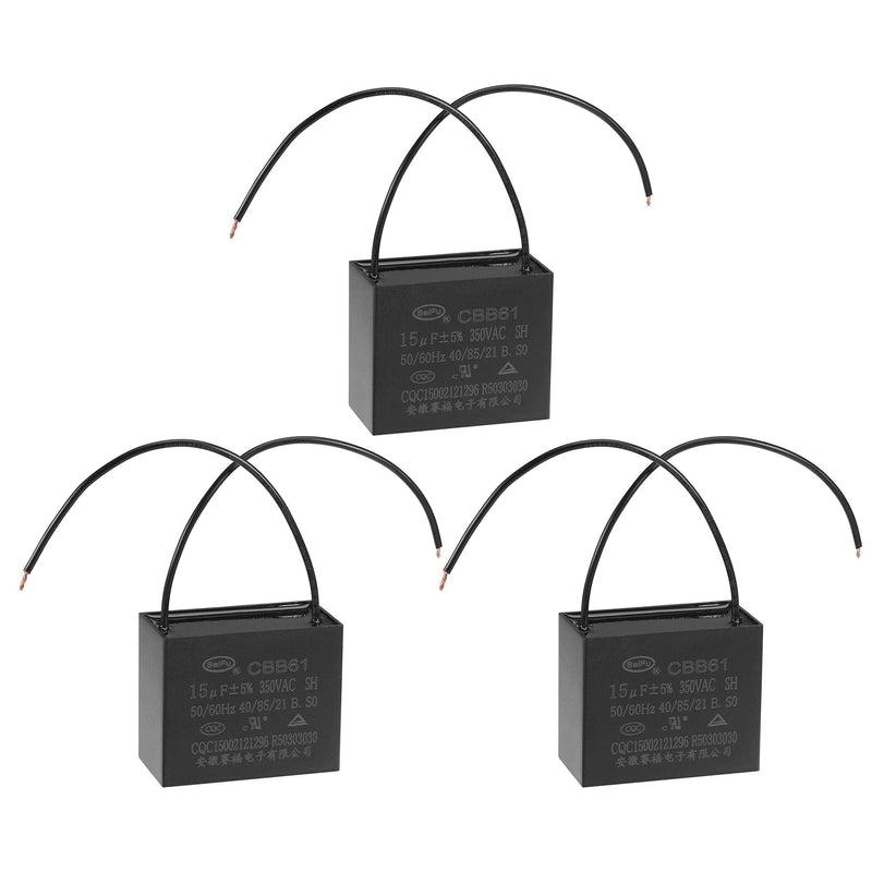 uxcell Ceiling Fan Capacitor CBB61 15uF 350V AC 2 Wires Metallized Polypropylene Film Capacitor 58x48x30mm for Electric Fan Pump Motor Generator 3Pcs