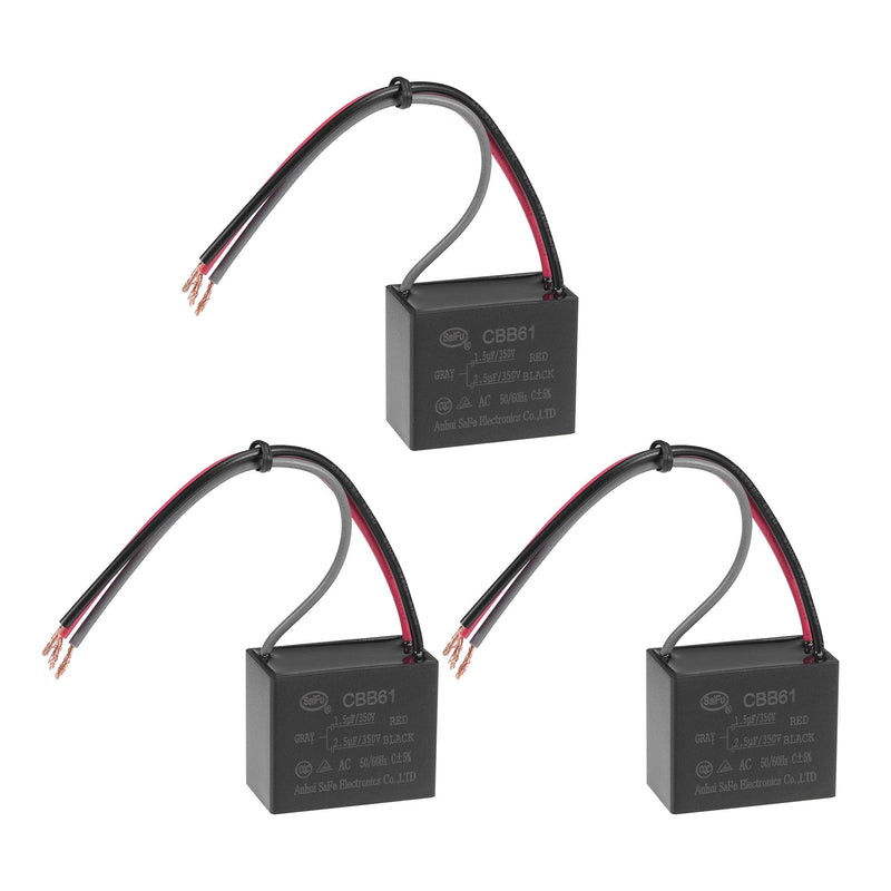 uxcell Ceiling Fan Capacitor CBB61 1.5/2.5uF 350V AC 3 Wires Metallized Polypropylene Film Capacitor 38x31x21mm for Electric Fan Pump Motor Generator 3Pcs