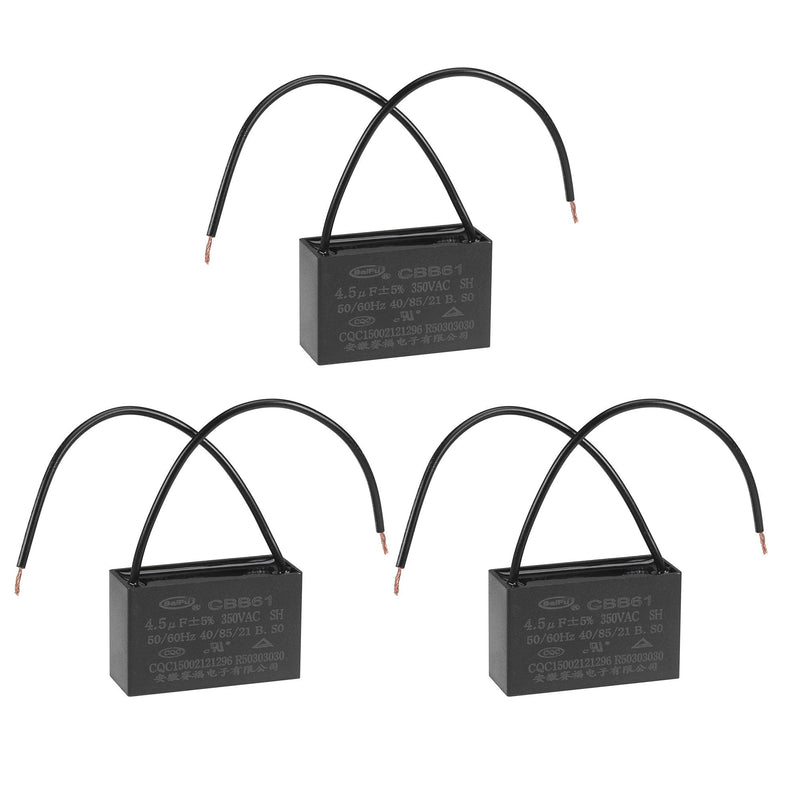 uxcell Ceiling Fan Capacitor CBB61 4.5uF 350V AC 2 Wires Metallized Polypropylene Film Capacitor 47x29x18mm for Electric Fan Pump Motor Generator 3Pcs