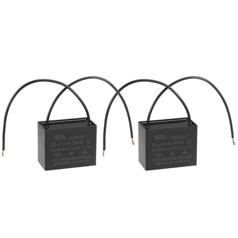 uxcell Ceiling Fan Capacitor CBB61 12uF 350V AC 2 Wires Metallized Polypropylene Film Capacitor 48x38x26mm for Electric Fan Pump Motor Generator 2Pcs
