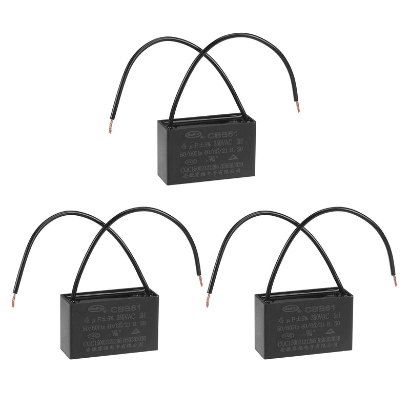 uxcell Ceiling Fan Capacitor CBB61 4uF 350V AC 2 Wires Metallized Polypropylene Film Capacitor 47x29x18mm for Electric Fan Pump Motor Generator 3Pcs