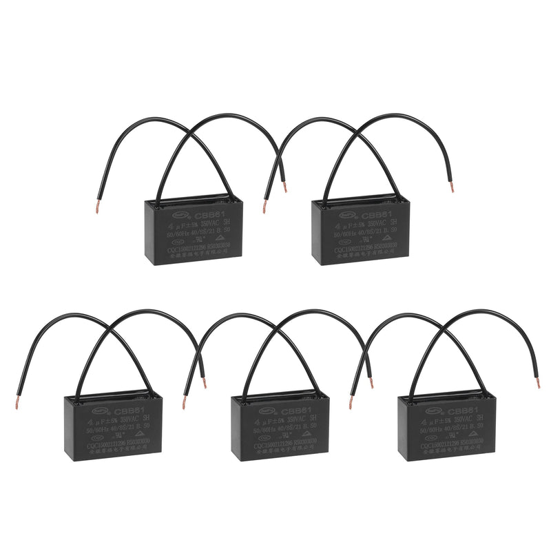 uxcell Ceiling Fan Capacitor CBB61 4uF 350V AC 2 Wires Metallized Polypropylene Film Capacitor 47x29x18mm for Electric Fan Pump Motor Generator 5Pcs