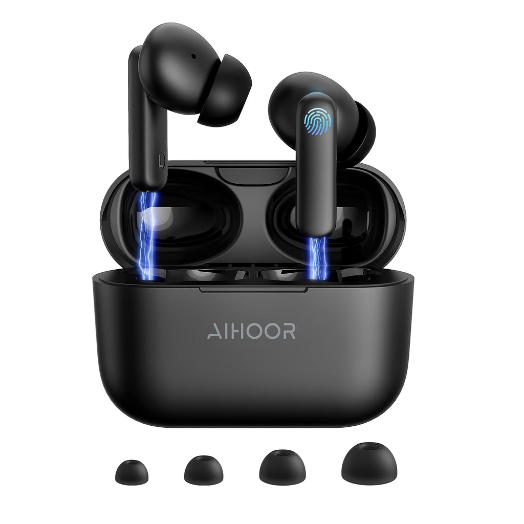 AIHOOR Wireless Earbuds for iOS & Android Phones, Bluetooth 5.0 in-Ear Headphones with Extra Bass, Built-in Mic, Touch Control, USB Charging Case, 30hr Battery Earphones, Waterproof for Sport (Black) Matte Black