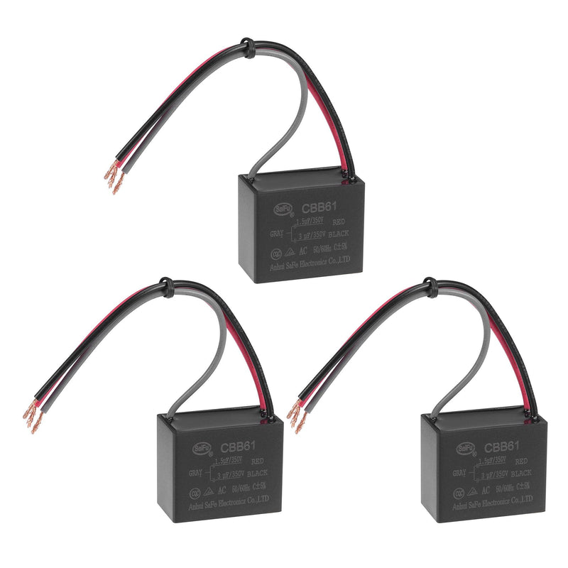 [AUSTRALIA] - uxcell Ceiling Fan Capacitor CBB61 1.5/3uF 350V AC 3 Wires Metallized Polypropylene Film Capacitor 38x31x21mm for Electric Fan Pump Motor Generator 3Pcs 