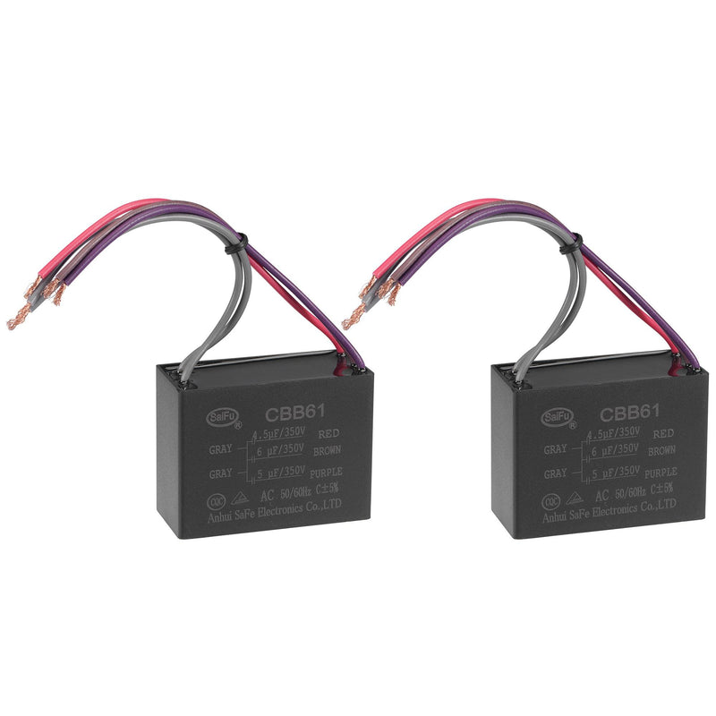 uxcell Ceiling Fan Capacitor CBB61 4.5/6/5uF 350V AC 5 Wires Metallized Polypropylene Film Capacitor 58x44x26mm for Electric Fan Pump Motor Generator 2Pcs