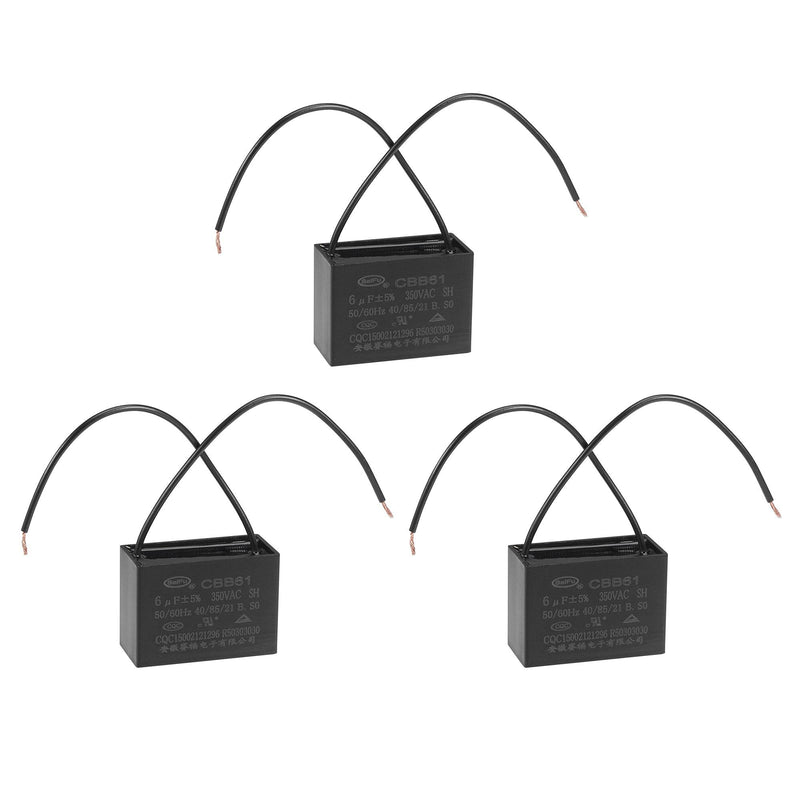 uxcell Ceiling Fan Capacitor CBB61 6uF 350V AC 2 Wires Metallized Polypropylene Film Capacitor 47x34x22mm for Electric Fan Pump Motor Generator 3Pcs