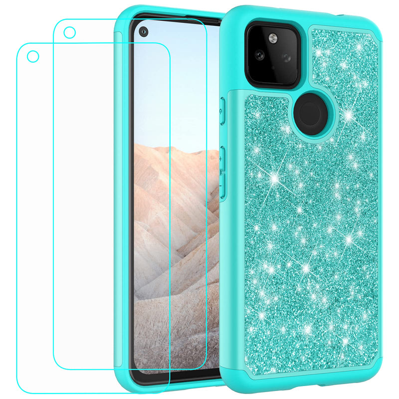 NTZW for Google Pixel 5a Case for Women Girls 6.2 Inch | Glitter Phone Case with Tempered Glass Screen Protectors | TPU + PC Heavy Duty Protective Cover 2021 (Light Mint Green)