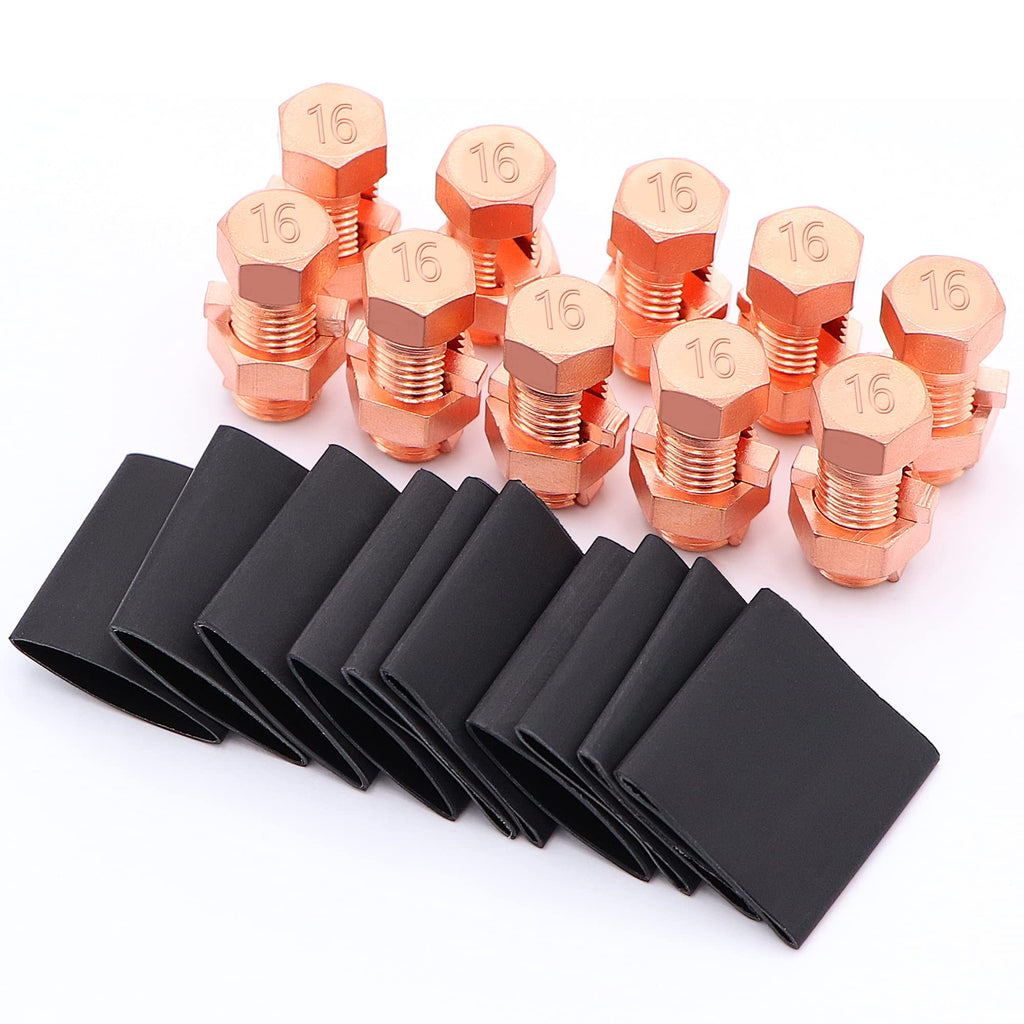 Fuzbaxy10PCS 6AWG Solid Copper Split Bolt Connectors,Ground Wire Clamp with 10pcs Heat Shrink Tube 10pcs with 10pcs Heat Shrink Tube