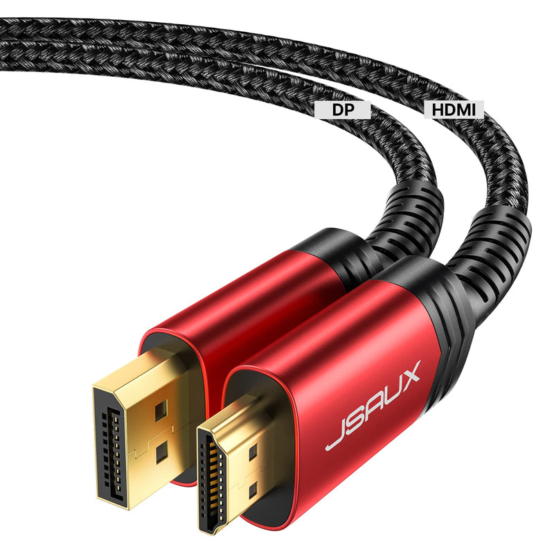 DisplayPort to HDMI Cable 15ft, JSUAX DP to HDMI Male to Male Video Cable Nylon Braided DP to HDTV Video Unidirectional Cord for Monitor, Projector, Desktop, AMD, NVIDIA, Lenovo, HP -RED DP to HDMI Male Cable Red