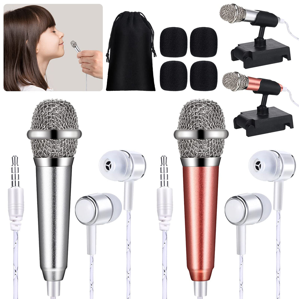 2 Pieces Mini Microphone with Earphone Kit Includes 2 Microphone Stands and 4 Sponge Foam Cover Portable Vocal Microphone for Mobile Phone, Laptop, Notebook, Podcast Recording, Silver and Rose Gold