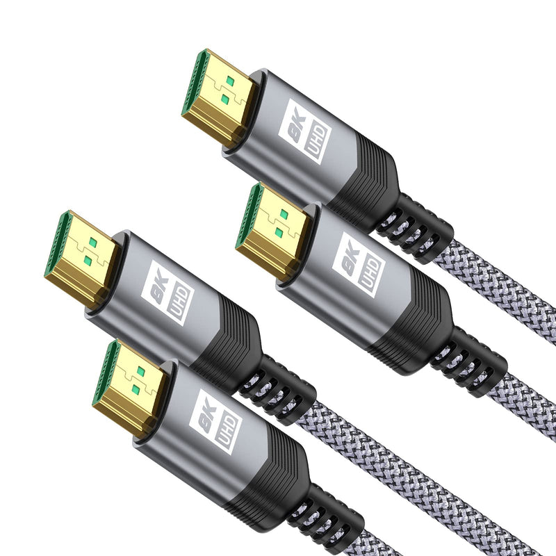 8K HDMI 2.1 Cable 48Gbps 2Pack 3.3ft,Sweguard Ultra High Speed HDMI Braided Cord 8K 60Hz 4K 120Hz 144Hz,3D,RTX 3090 eARC HDR10 4:4:4 HDCP 2.2&2.3,Compatible with Roku TV/PS5/HDTV/Blu-ray 3.3ft+3.3ft Grey