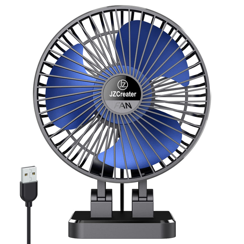 JZCreater USB Desk Fan, 5INCH Mini Fan, 3 Speeds Adjustable Desktop Table Cooling Fan, Rotation Strong Wind, Quiet Personal Fan for Home Office Car Travel, Black Blue