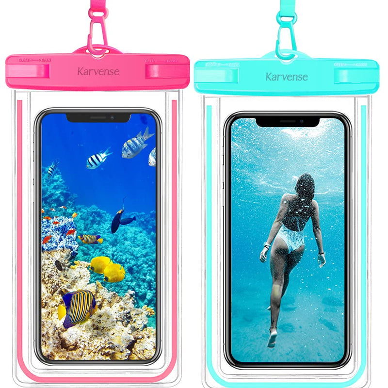 Waterproof Cell Phone Pouch Case, Karvense 2 Pack Universal Luminous Waterproof Phone Bag/Holder for iPhone, Samsung Galaxy, LG, Moto, Dry Bag for Beach, Shower, Pool, Kayaking, Snorkeling, Vacation Cyan, Pink