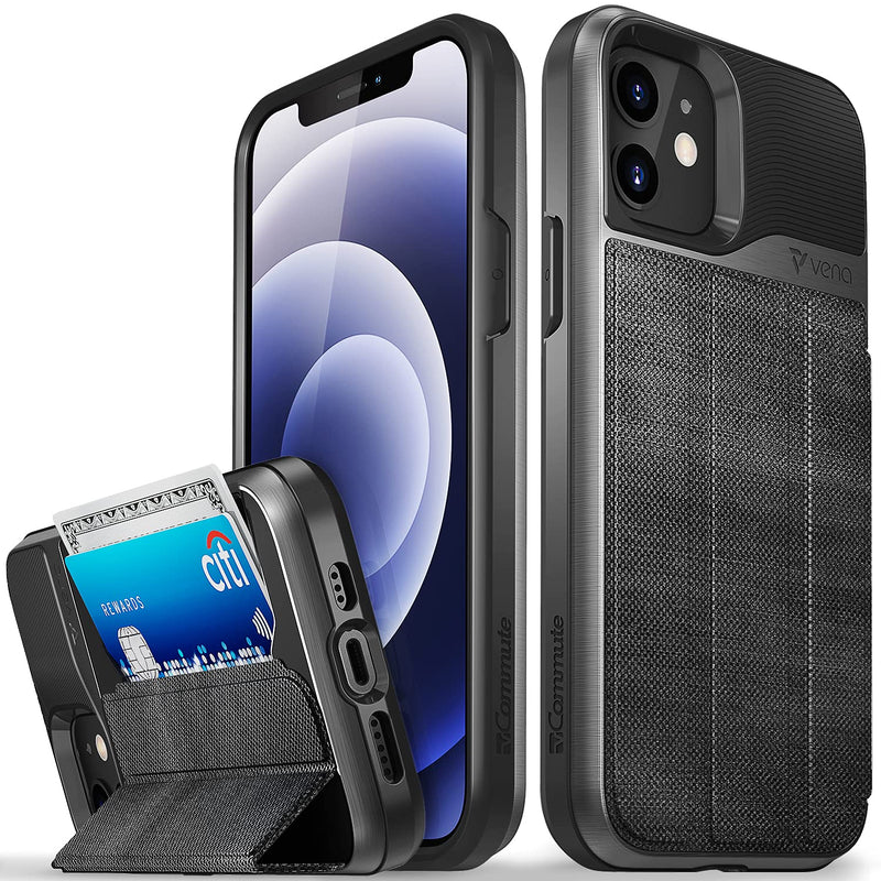 VENA vCommute Wallet Case Compatible with Apple iPhone 12 / iPhone 12 Pro (6.1"-inch), (Military Grade Drop Protection) Flip Leather Cover Card Slot Holder with Kickstand - Slate Black