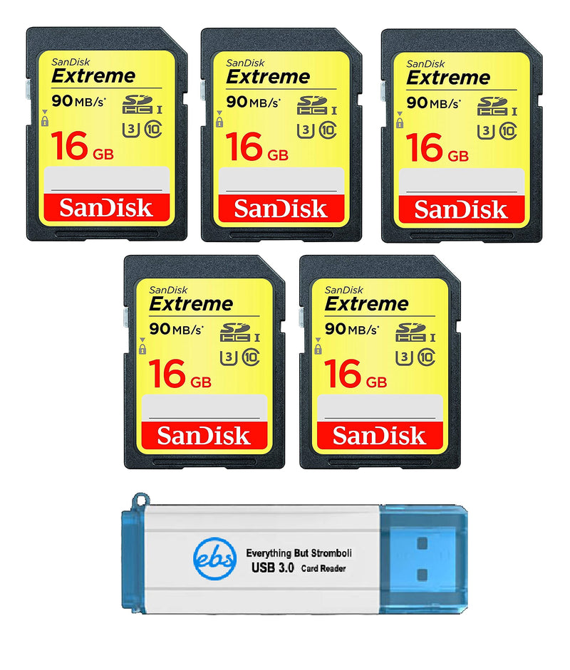 SanDisk Extreme 16 GB SD Card (5 Pack) Speed Class 10 UHS-1 U3 C10 4K HD 16G SDHC Memory Cards for Compatible Digital Camera, Computer, Trail Cameras