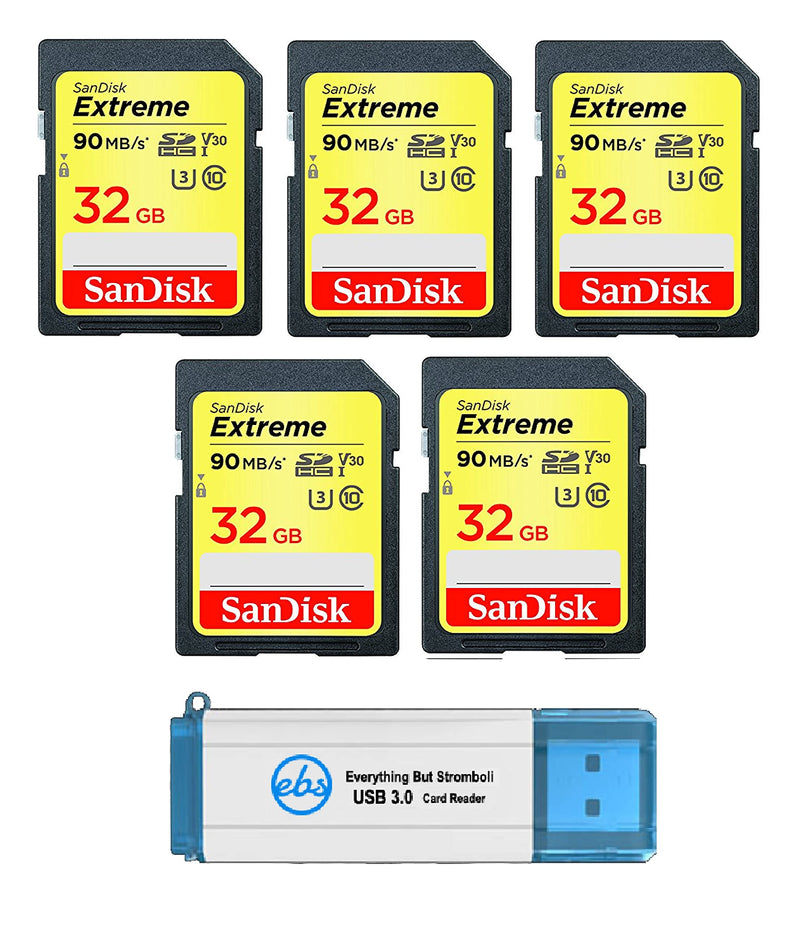 SanDisk Extreme 32 GB SD Card (5 Pack) Speed Class 10 UHS-1 U3 C10 4K 32G SDHC Memory Cards for Compatible Digital Camera, Computer, Trail Cameras