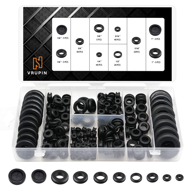 Vrupin 188 Pcs Rubber Grommets Kit - Rubber Washers for Wiring - 10 Different Sizes(1/4", 5/16", 3/8", 7/16", 1/2", 5/8", 7/8", 1" Inch) 10 Sizes