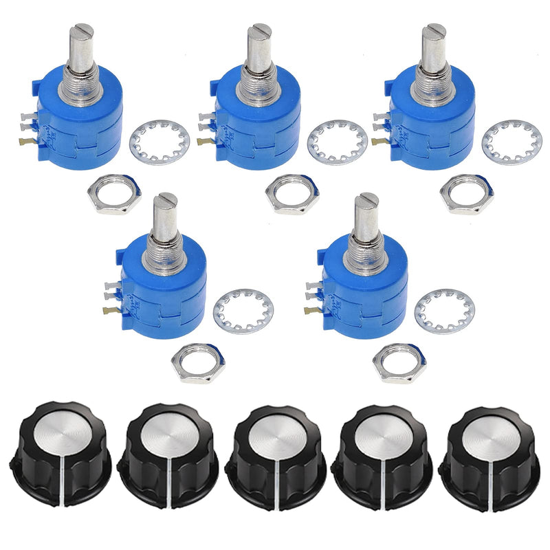 Molence 5PCS 3590S Potentiometer, Multiturn Wire Wound Precision Adjustable Resistor with Knob Cap (10K) 10K