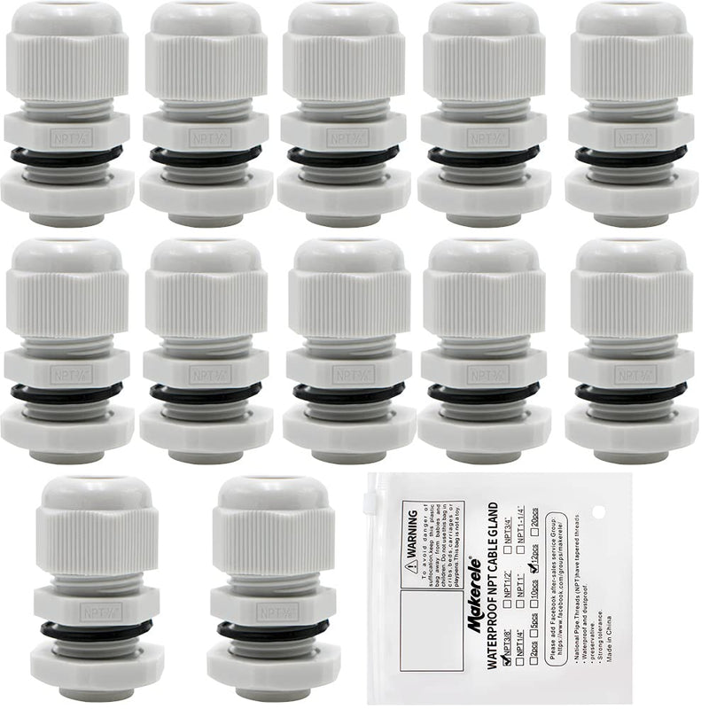 MAKERELE NPT 3/8” Grey Nylon Cable Glands, IP68 Waterproof Strain Relief Cord Connector NPT 3/8" 12PCS