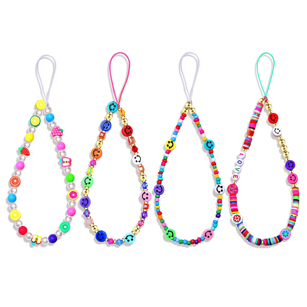 6PCS Phone Lanyard Wrist Strap, Smiley Face Beaded Phone Charms Multicolor Clay Fruit Happy Face Mobile Phone Chain for Women Summer Beach Accessory 4PCS Multicolored