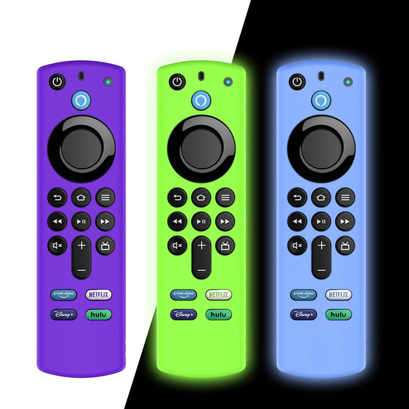 [3PCS] Woocon Upgrade Remote Case for All-New Alexa Voice 2020(3rd Gen), Soft Silicone Cover for Fire TV Stick 4K(Remote Control | Light Weight/Anti Slip/Shock Proof(Purple+Glow Blue+Glow Green) Purple+Fluorescent Blue+fluorescent Green