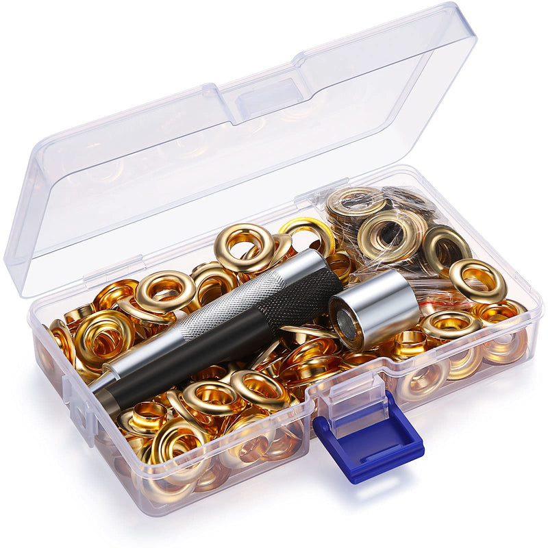 Grommet Eyelets Tool Kit, Grommet Setting Tool and 100 Sets Grommets Eyelets with Storage Box (Golden,3/ 8 Inch Inside Diameter) 3/ 8 Inch Inside Diameter Gold
