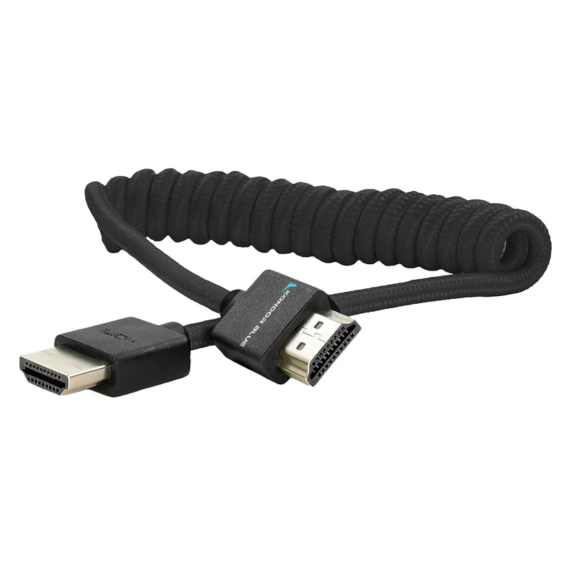 KONDOR BLUE Full HDMI Thin Short Coiled Nylon Braided Cable for On-Camera Film Cinema Monitors | 2.0 High Speed 4K 3D HDR | | 3840 x 2160-60Hz | 18Gbps MetaData | 12-24" | Black 12"-24" Coiled Braided Coiled Braided | Full HDMI
