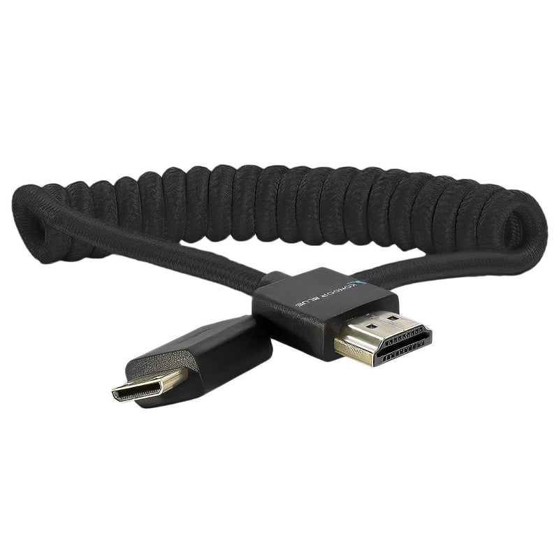 KONDOR BLUE Mini HDMI Thin Short Coiled Nylon Braided Cable for On-Camera Film Cinema Monitors | 2.0 High Speed 4K 3D HDR | | 3840 x 2160-30Hz | 18Gbps MetaData | 12-24" | Black Coiled Braided | Mini HDMI