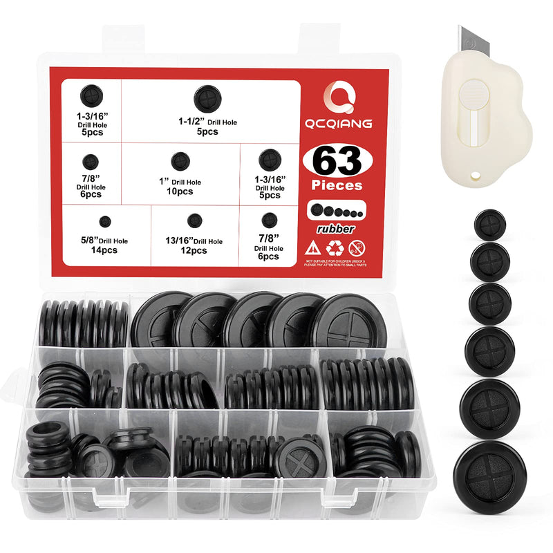QCQIANG 63Pcs Rubber Grommet Kit, Drill Hole Firewall Hole Plugs Wire Protection, 6 Sizes 5/8" 13/16" 7/8" 1" 1-3/16" 1-1/2"(Round) Black Rubber Grommet Kit