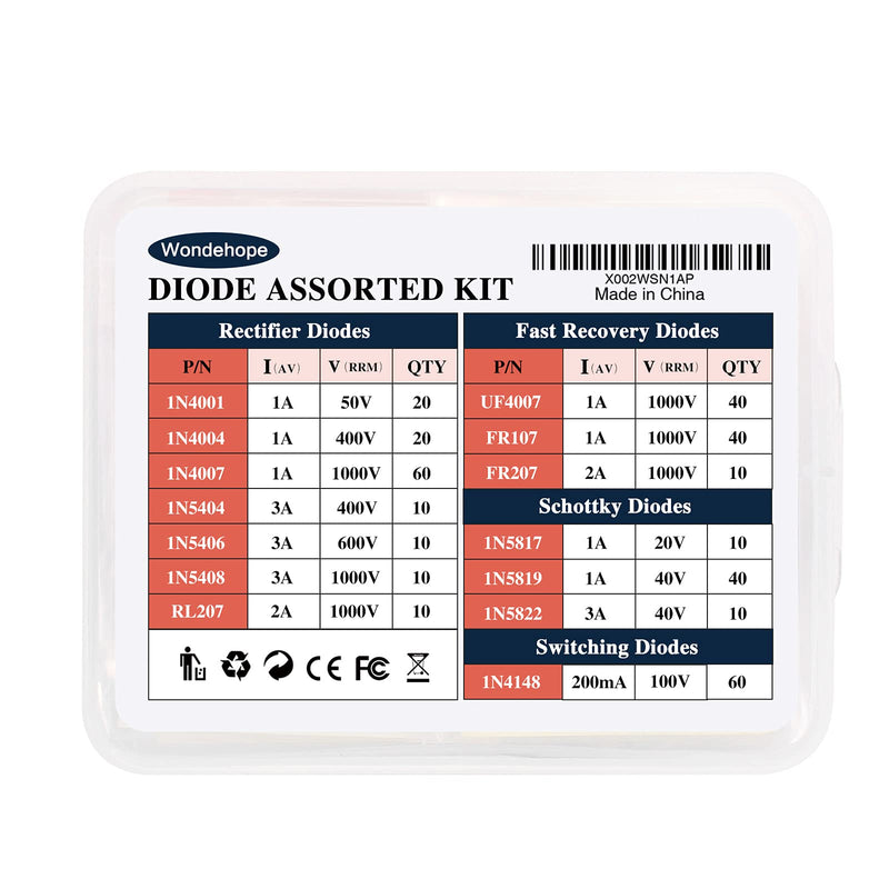14 Value 350 Pcs Diode Kit, Rectifier/Fast Recovery/Switching/Schottky Assortment Diodes Kit, 1N4001 1N4004 1N4007 1N4148 1N5404 1N5406 1N5408 RL207 FR107 FR207 UF4007 1N5817 1N5819 1N5822