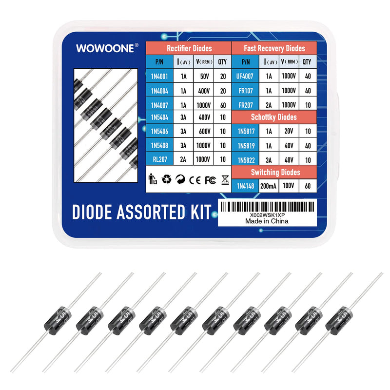 350pcs 14 Value Diode Assortment Kit, WOWOONE Schottky, Rectifier, Fast Recovery, Switching Diode, Bagged Separate, Labeled Clearly, Include 1N4001 1N4004 1N4007 1N4148 1N5404 1N5406 1N5408 RL207, etc
