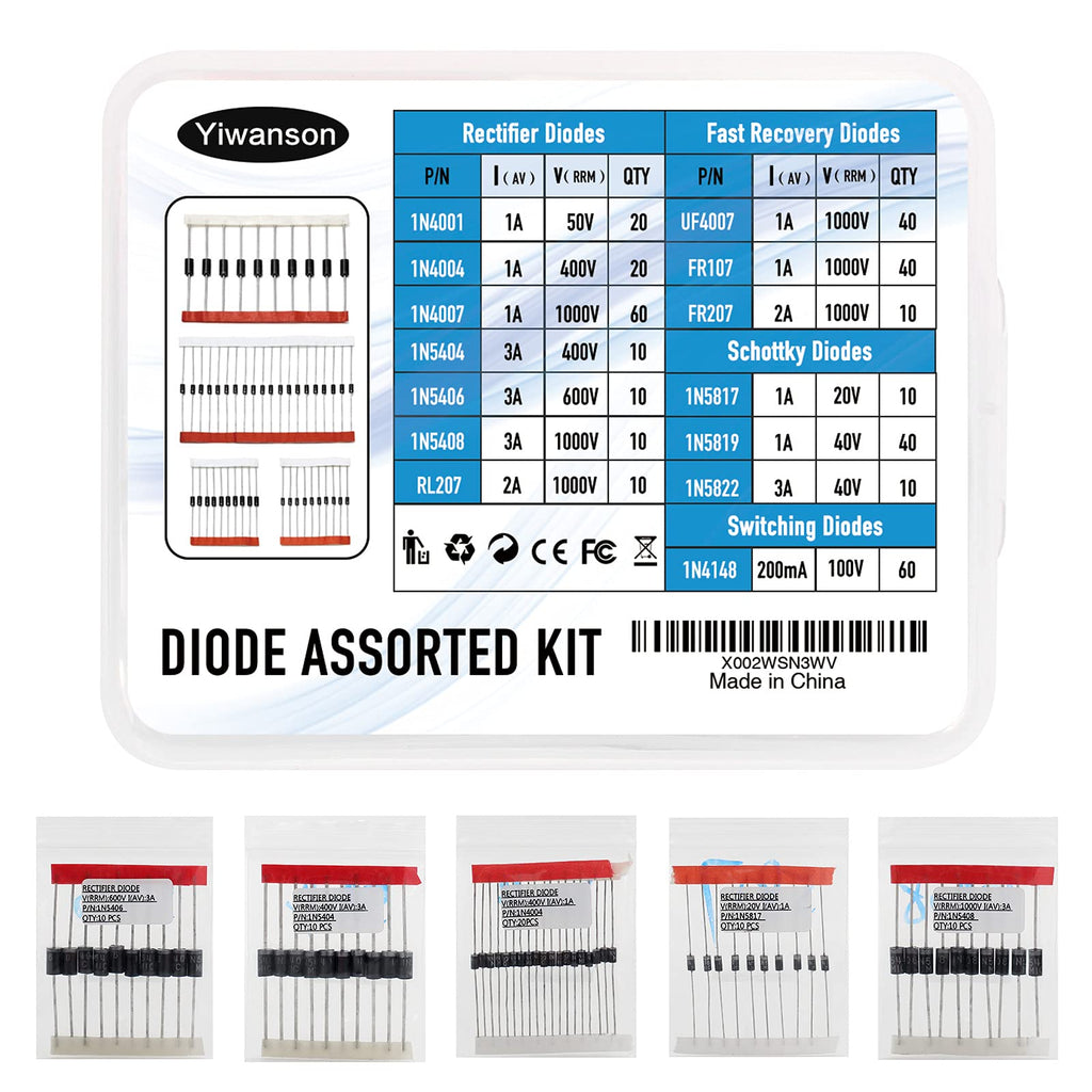 350Pcs 14 Values Diodes Assortment Kit, YIWANSON 1N4001 Diode 1N4004 1N4007 1N4148 1N5404 1N5406 1N5408 RL207 FR107 FR207 UF4007 1N5817 1N5819 1N5822 Schottky/Rectifier/Fast Recovery/Switch Diode