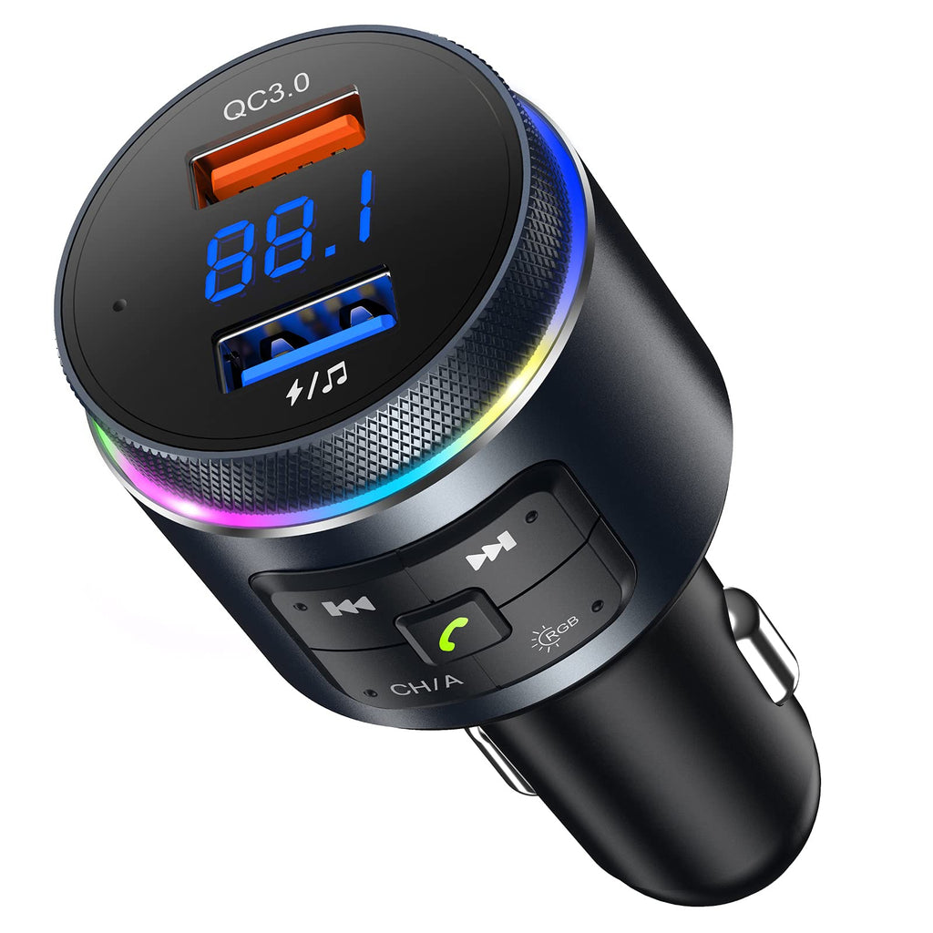 Upgraded Bluetooth FM Transmitter for Car, Auto-Tune Bluetooth Car Adapter, 2 Microphones & QC3.0 Bluetooth Radio for Car/Music Player/Car Kit with Big Knob Button, 9 Colors LED Backlit