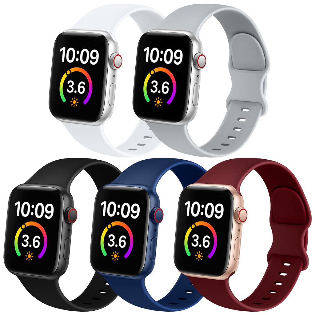 5 Pack Bands Compatible with Apple Watch Band 38mm 40mm 42mm 44mm Women Men, Soft Silicone Sport Replacement Strap Compatible with iWatch Series 6 5 4 3 2 1 SE 38mm/40mm Black/Grey/Navy Blue/Wine Red/White