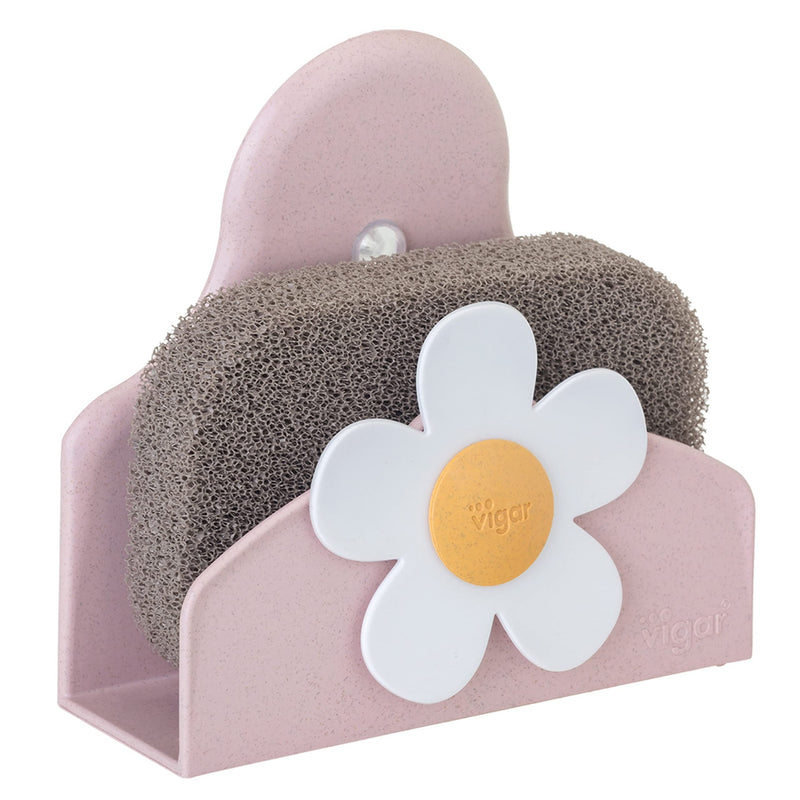 Vigar Florganic Sponge & Holder Set, Eco-friendly, Daisy-decorated Sponge Holder with Suction Cup and Sponge, Pink