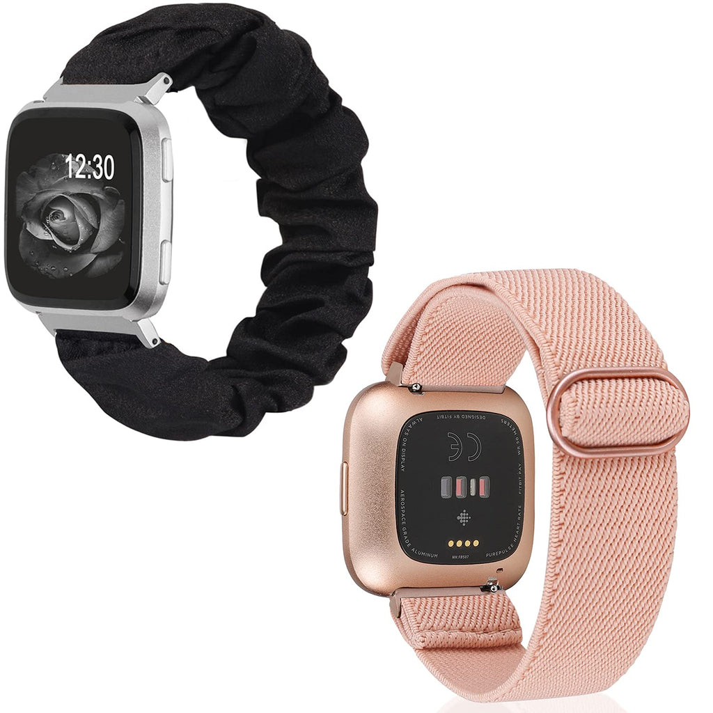 TOYOUTHS 2-Pack Compatible with Fitbit Versa/Versa 2 Bands Scrunchie Elastic Versa Lite Special Edition Wristband Cloth Fabric Fashion Bracelet Women Men (Black+Rose Gold)