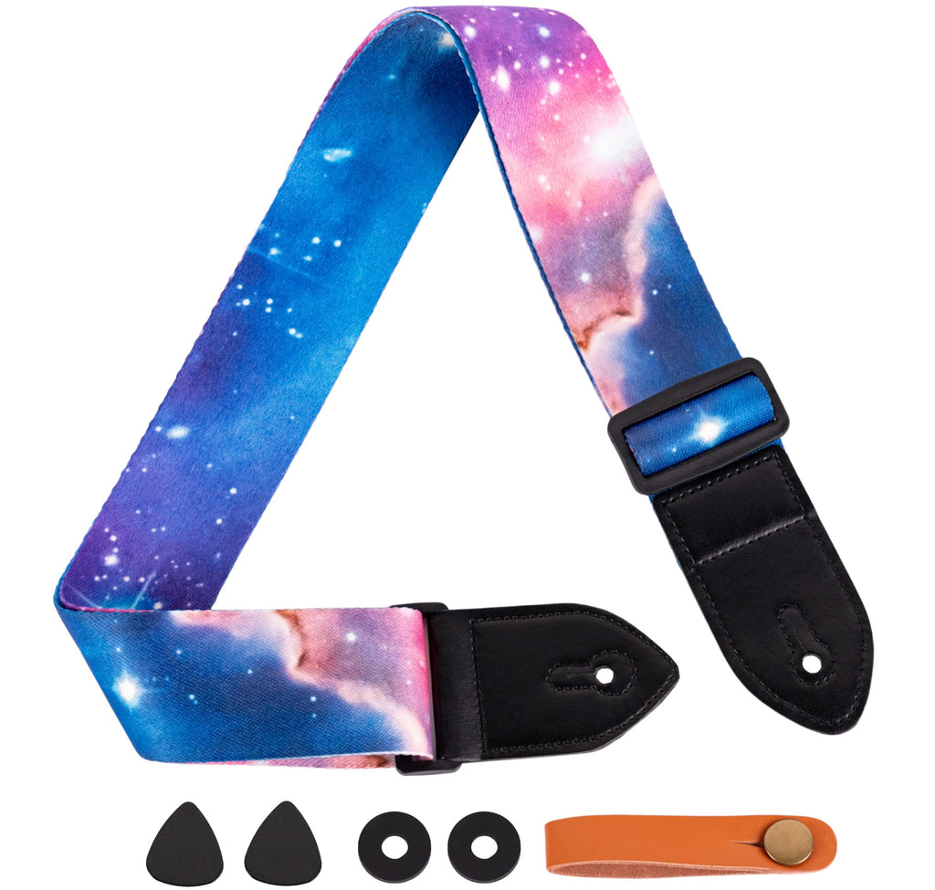 Aowdsye Guitar Strap, Includes Strap Button, 2 Picks and 2 Strap Locks, Leather Ends, for Electric Acoustic Guitar, Bass, Adjustable Blue