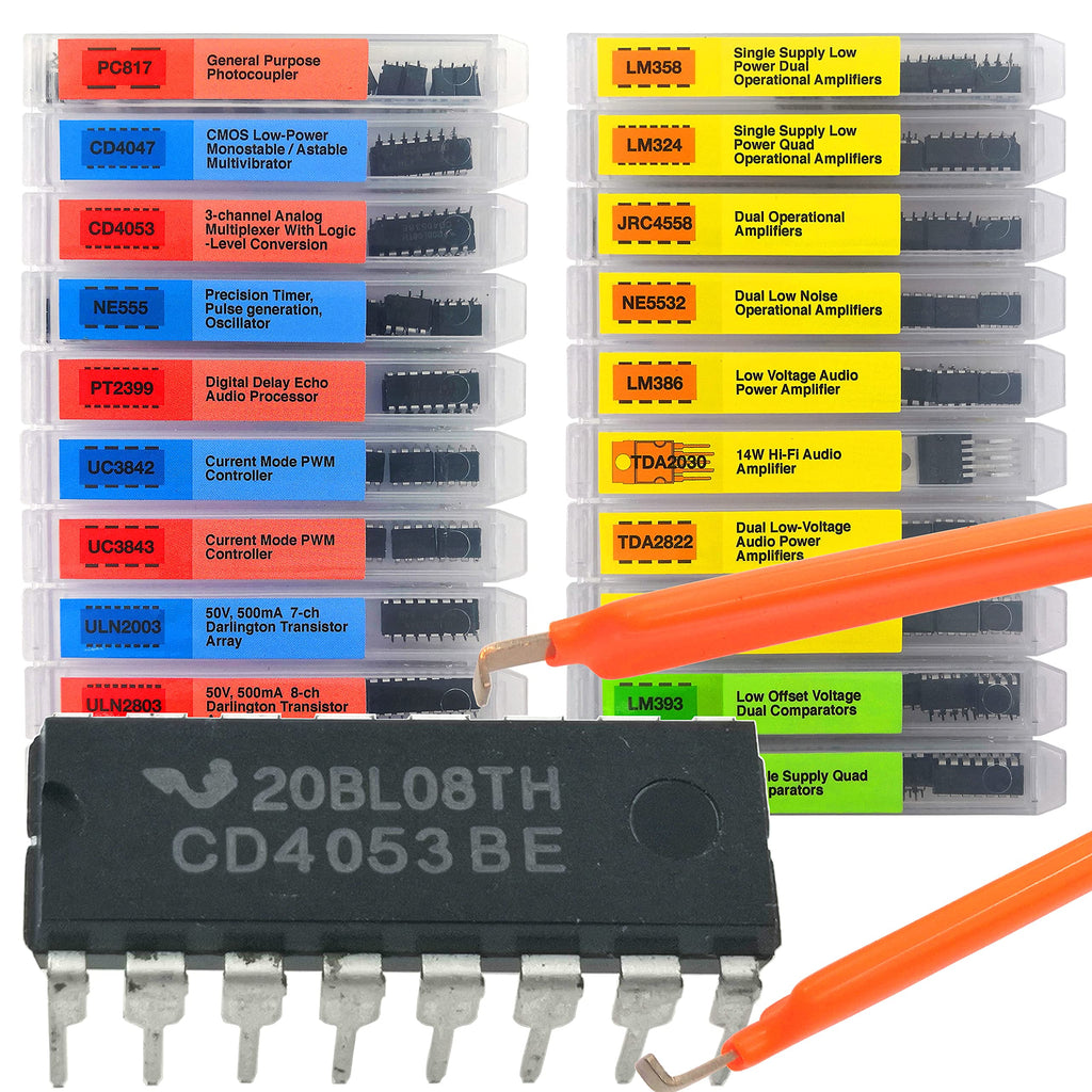 EEEEE IC kit 161 pcs, 20 Models Chip Assortment Set Analog Integrated Circuits Electronics Parts Opamp Pack, 555 Timer Components, Op Amp, Oscillator, Pwm, IC Plier Included UA741 LM358 and More.