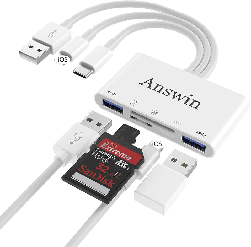 SD Card Reader, Answin 5 in 1 USB C Memory Card Reader USB SD Card Reader for iPhone / iPad / Android / Mac / Computer / Camera / MacBook, Supports SD/Micro SD/SDHC/SDXC/MMC and USB OTG White