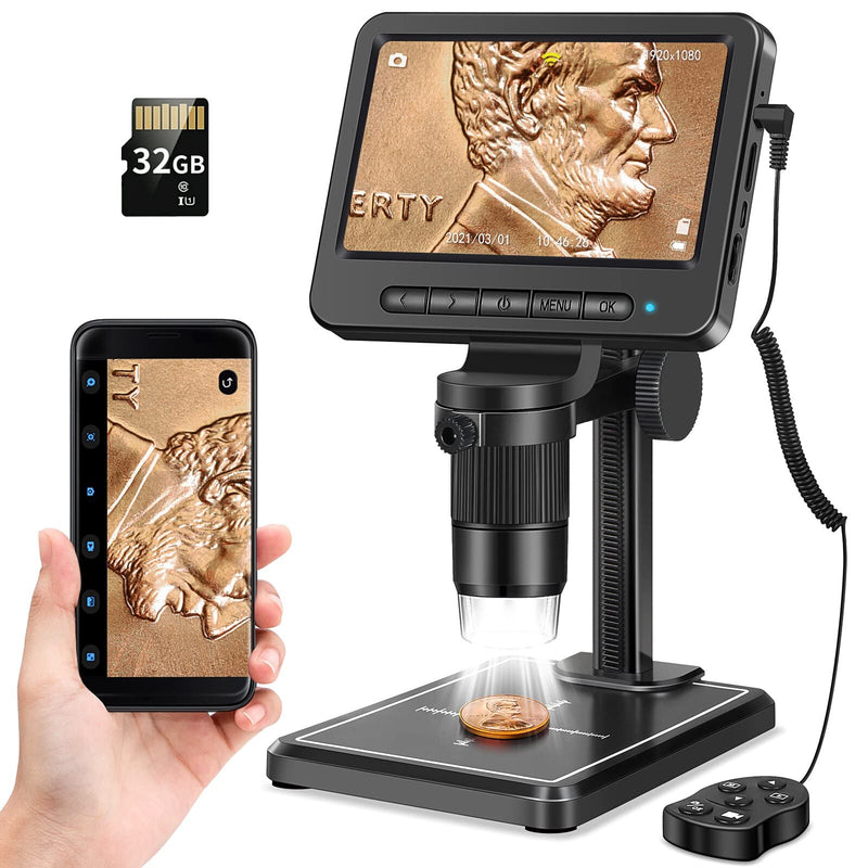 5" Coin Microscope 1200X with 32GB SD Card,Leipan 1080P Wireless LCD Digital Microscope with 8 LED Lights,PC View,Photo/Video Capture for Kids Adults,Compatible with Windows iPhone Android iPad