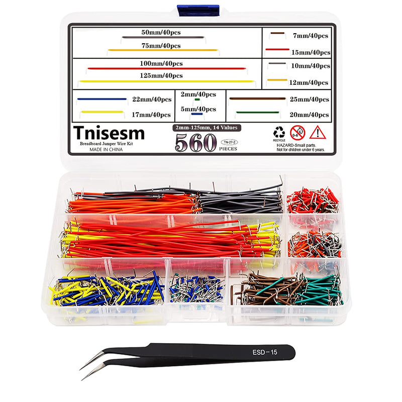 Tnisesm 560 Pcs 2-125mm 14 Vaules Breadboard Jumper Wire Kit with Curved Tweezers for Breadboard Prototyping Solder Circuits TN-27-2