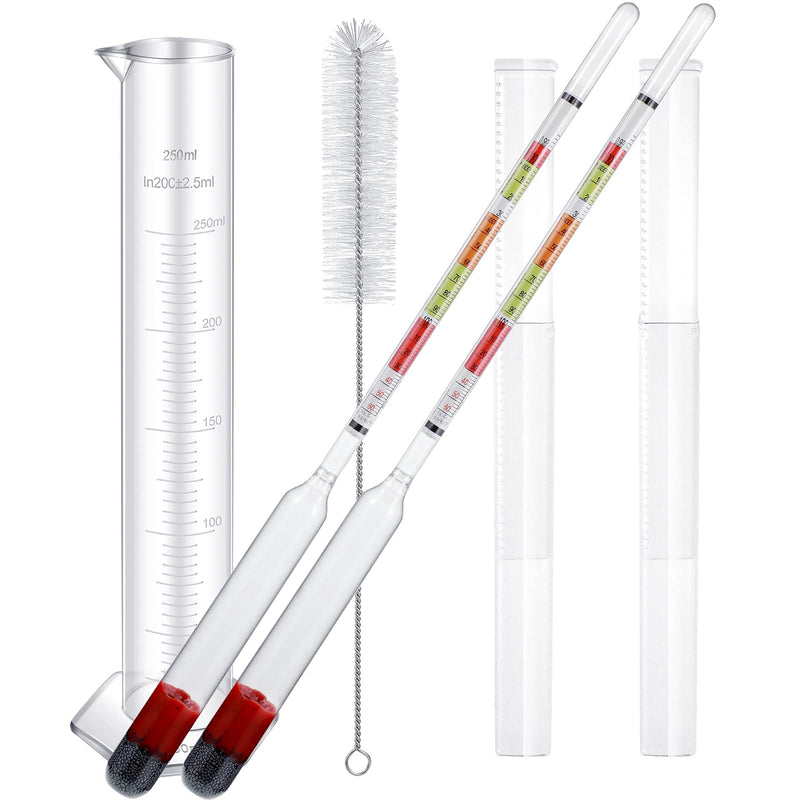 4 Pieces Scale Hydrometer and Test Jar Combo Include 2 Scale Hydrometer with Storage Bag and 250 ml Plastic Cylinder with Cleaning Brush for Wine Beer Mead