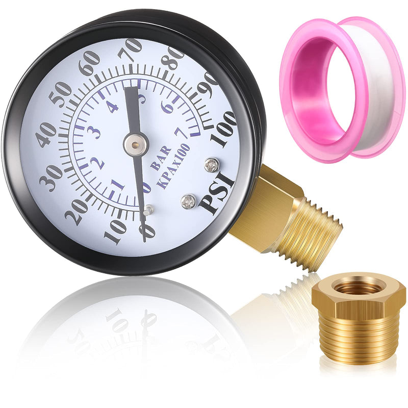 2 Inch Dial Face 1/4 Inch NPT Water Pump Pressure Gauge with 1/4 Inch NPT Male 1/2 Inch NPT Adapter Brass Fitting and Tape