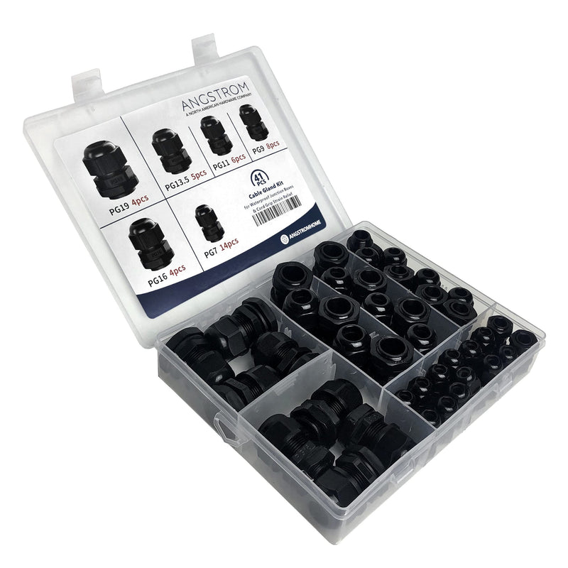 ANGSTROM Cable Gland Kit for Waterproof Junction Boxes and Cord Grip Strain Relief PG7 PG9 PG11 PG13.5 PG16 PG19 (41-Pack, Black) (41 pcs, Black) 41 pcs