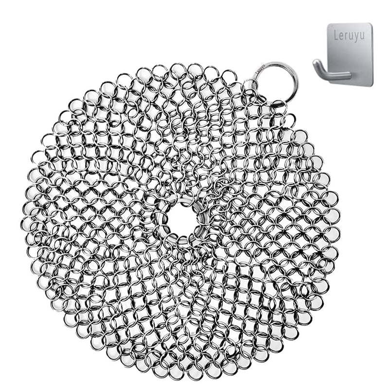 Cast Iron Skillet Pan Cleaner Cleaning 8 Inch Chainmail Scrubber for Pre-Seasoned Pan Dutch Ovens Pans Dishwasher Safe Round Leruyu