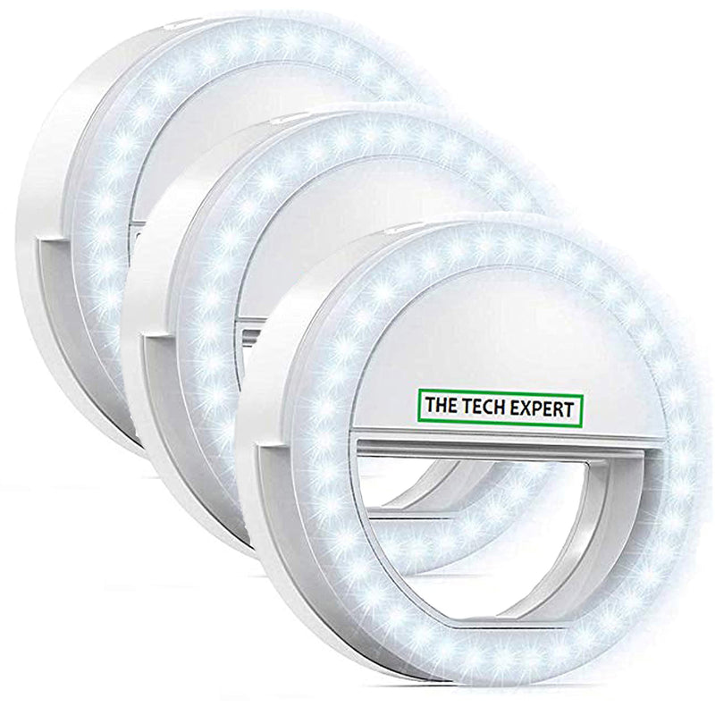 The Tech Expert Selfie LED Cellphone Light Clip-on Rechargeable Dimmable Ringlight for Live Streaming, Makeup, YouTube Video, TikTok Video Recording - 3 Pack,White