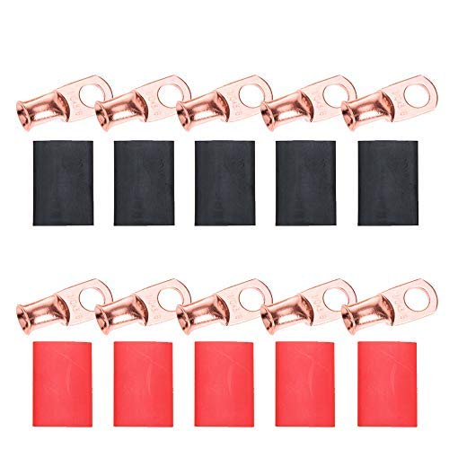 RockDIG 10-Pack Gauge 2/0-3/8 Copper Wire Lugs Battery Cable Terminal Connector with 3:1 Adhesive Lined Heat Shrink(5 Black, 5 Red) 10 Pack 2/0 AWG -- 3/8" Ring/Eye