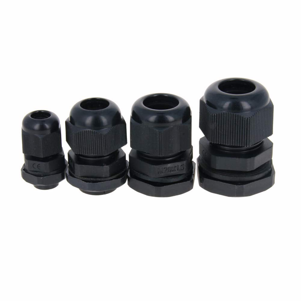 Jutagoss Cable Gland, M12 M18 M20 M22 Plastic Waterproof Adjustable Cable Glands Joints, 40 PCS Black Cord Connectors Joints with Gaskets.