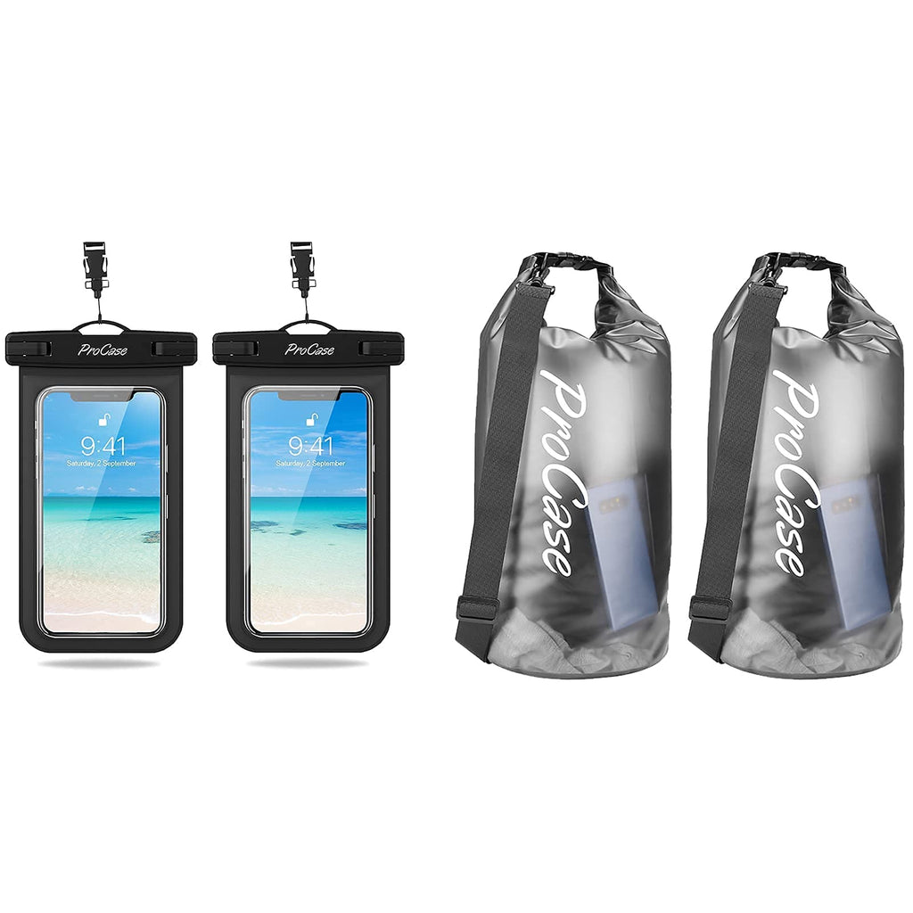 ProCase 2 Pack Universal Waterproof Phone Pouch Bundle with 2 Pack Floating Waterproof Dry Bag Clear 20Liter
